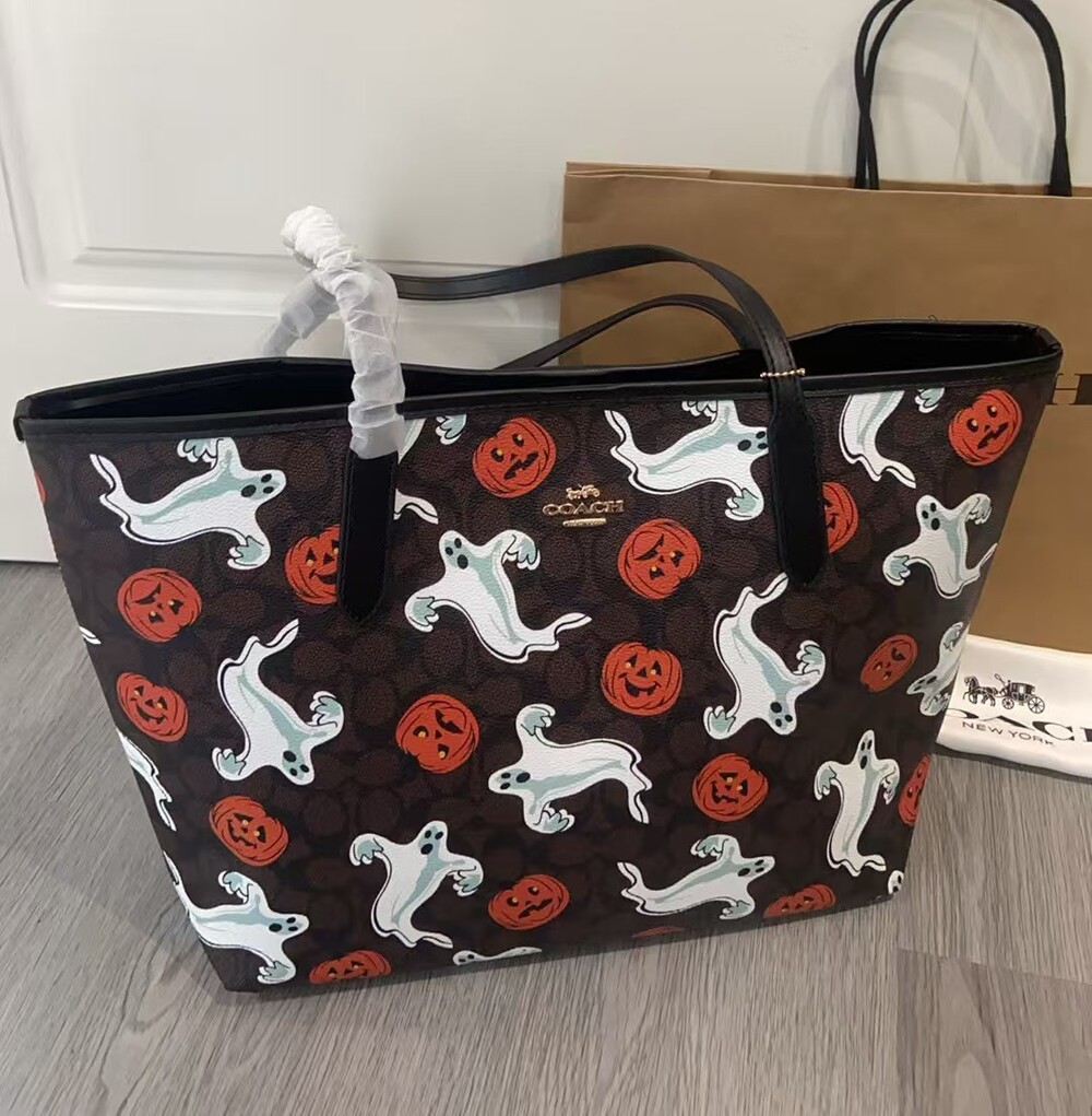 COACH Halloween Ghost Pumpkin Print City Tote Bag